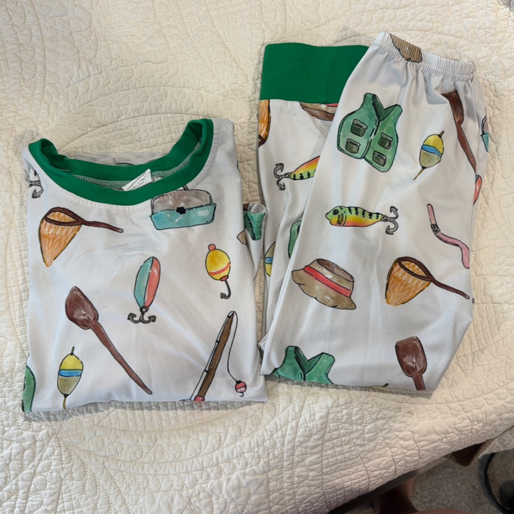 Kids Fishing-Themed Pajama Set - Green and White